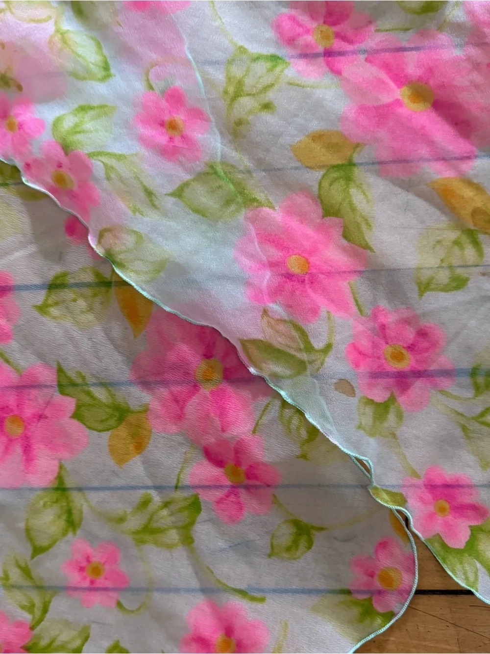 Sheer vintage bright pink white floral long scarf